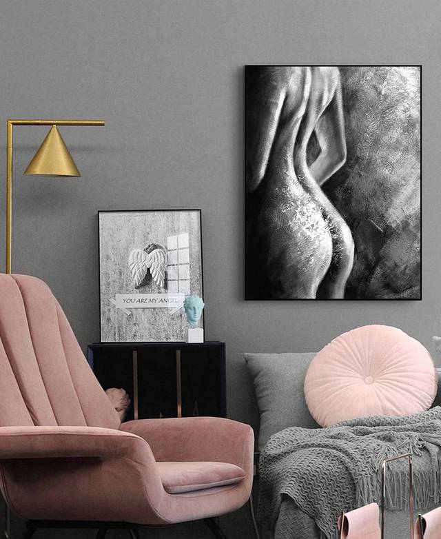Nude Original Bedroom Black White Abstract Canvas Wall Art R9JEO